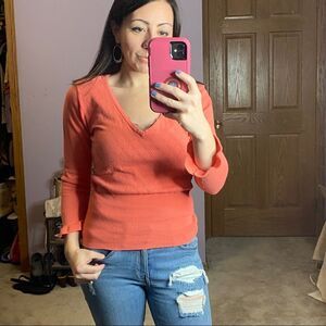 Vintage Coral Knit Sweater V-Neck Women's size Small S
